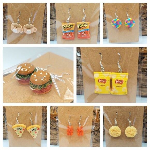 3D Food Earrings lot Junk Food Pizza Burger Chips Candy Coffee Ramen